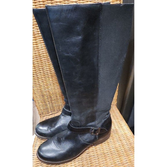KENNETH COLE Leather Riding Knee High Buckle Stretch Width Boots  Shoes Black 10 - Picture 1 of 10